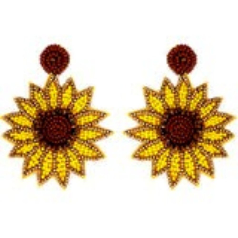 NWT Womans Yellow and Brown Seed Bead Sunflower Earrings